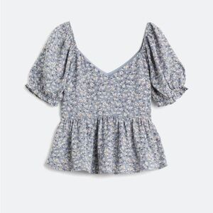 Floral Blue Puff Sleeve Pia Peplum Blouse